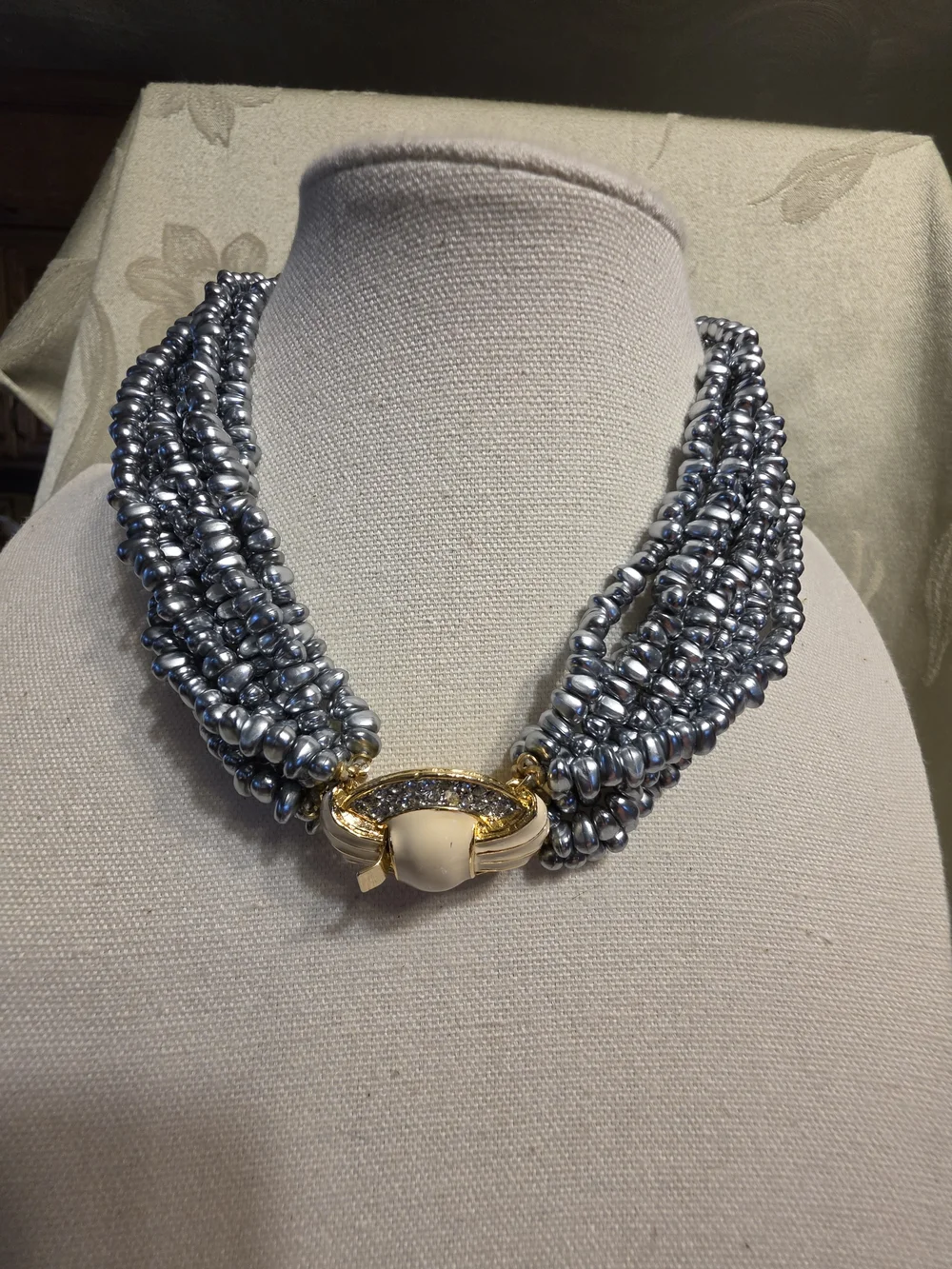 #1325 Elegant Multi-Strand Silver Pearl Necklace with Gold Accent - Picture 1 of 3